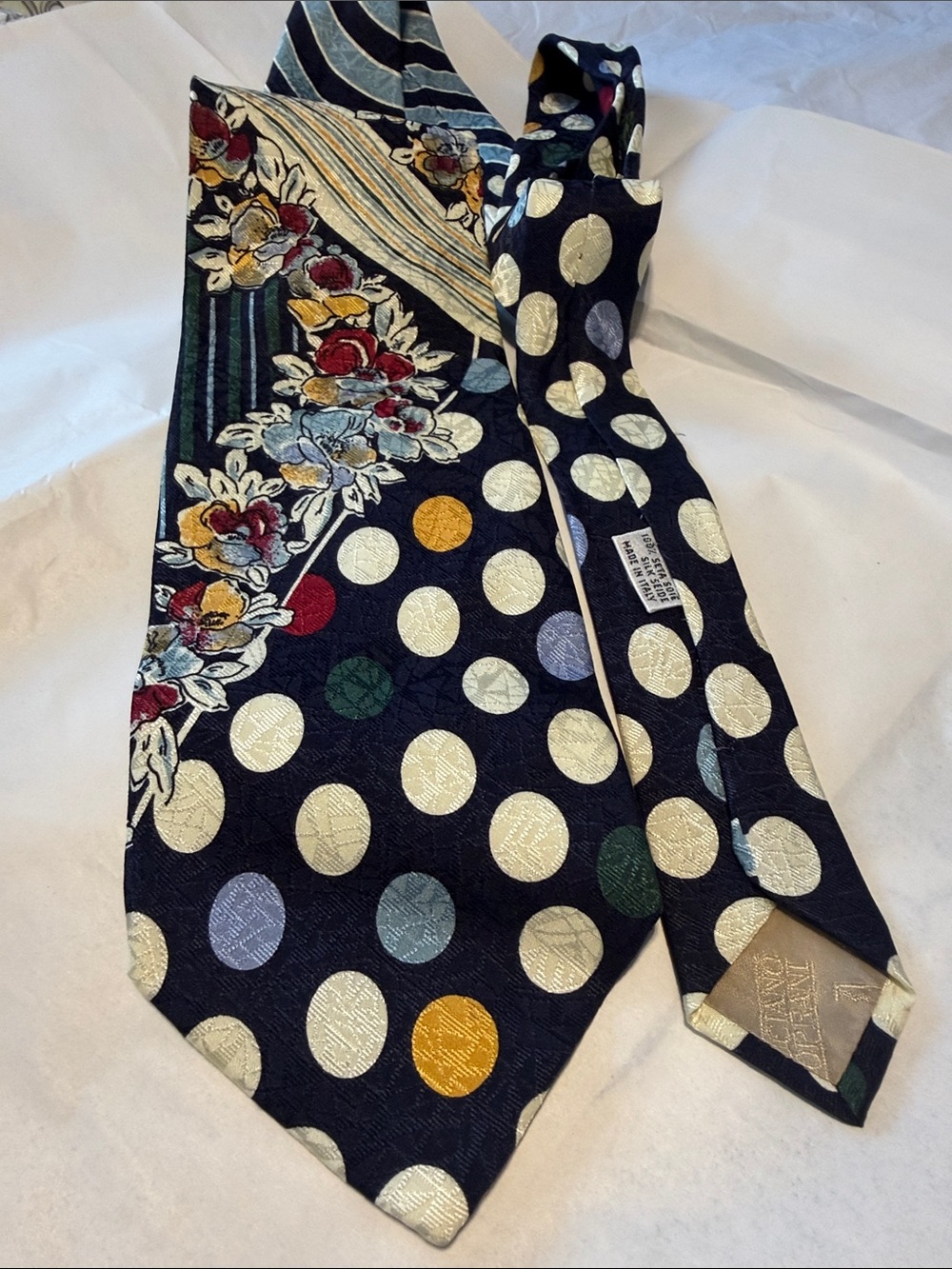 Luciano Soprani Italian Silk Tie Vintage Polka Dot Floral Geometric Art Printed